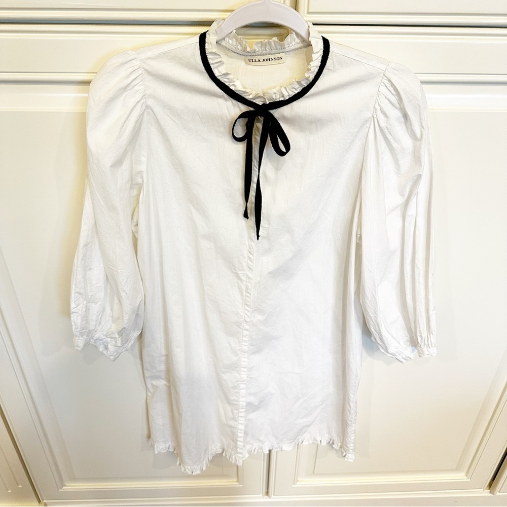 Ulla Johnson Women’s White Button Front Ruffle Puff Sleeve Neck Tie Mini Dress 4